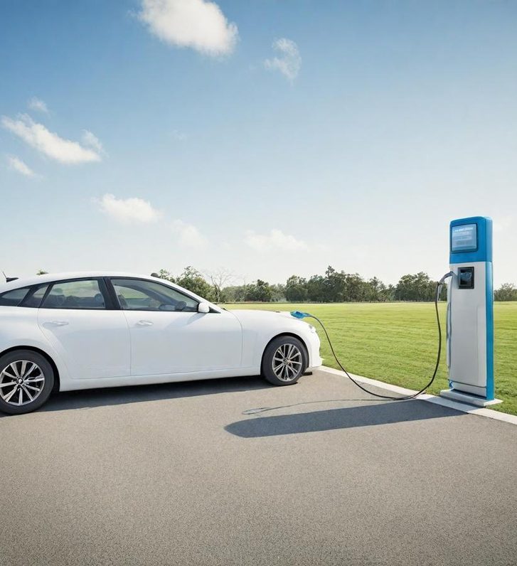 Coche eléctrico blanco cargando en una estación junto a un campo verde. Coche eléctrico blanco cargando en una estación junto a un campo verde.